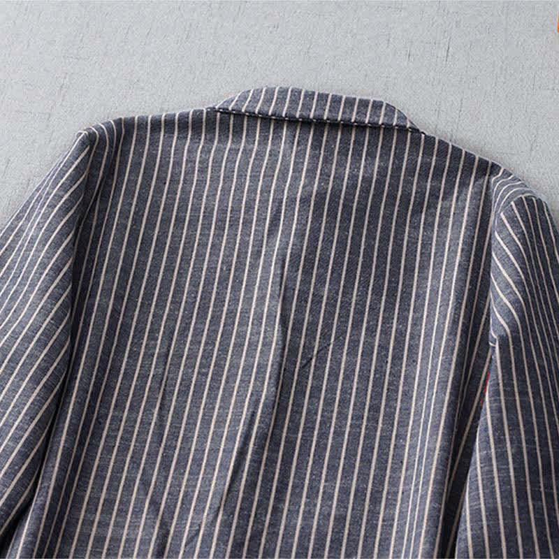 Buddha Stones LightSteelBlue White Striped Long Sleeve Lapel Midi Dress With Pockets - image 3