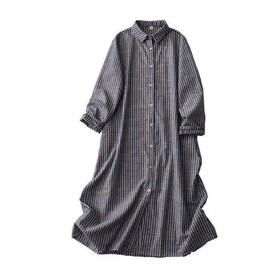 Buddha Stones LightSteelBlue White Striped Long Sleeve Lapel Midi Dress With Pockets - image 10