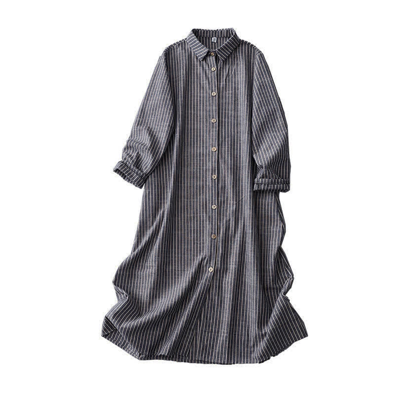 Buddha Stones LightSteelBlue White Striped Long Sleeve Lapel Midi Dress With Pockets - image 10