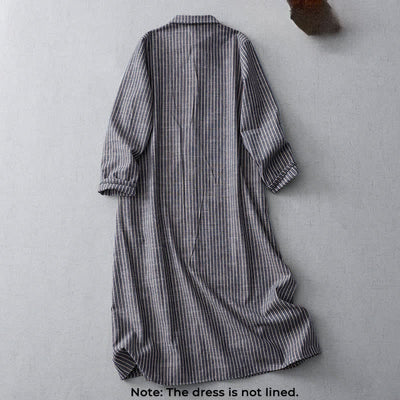 Buddha Stones LightSteelBlue White Striped Long Sleeve Lapel Midi Dress With Pockets - image 1