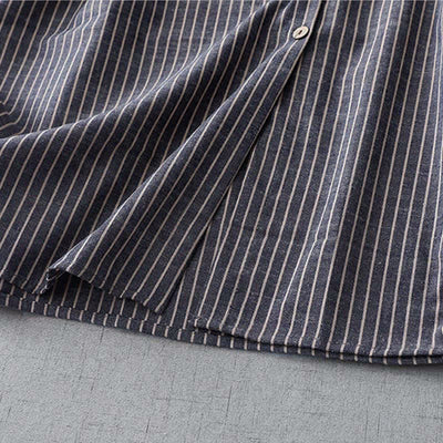 Buddha Stones LightSteelBlue White Striped Long Sleeve Lapel Midi Dress With Pockets - image 8