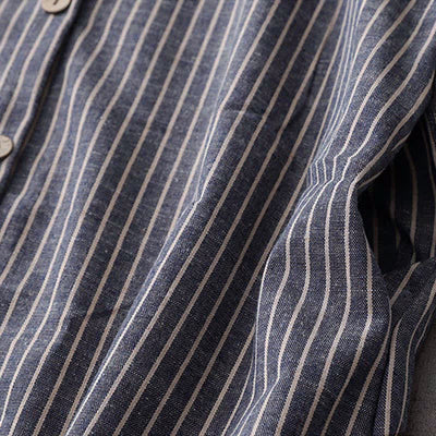 Buddha Stones LightSteelBlue White Striped Long Sleeve Lapel Midi Dress With Pockets - image 6
