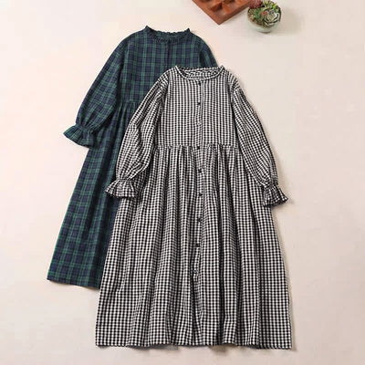 Buddha Stones Long Sleeve Plaid Simple Buttons Ruffled Design Midi Dress With Pockets - image 20