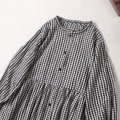 Buddha Stones Long Sleeve Plaid Simple Buttons Ruffled Design Midi Dress With Pockets - image 8