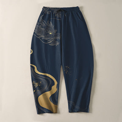 Buddha Stones Pure Cotton Golden Dragon Cloud Wave Pattern Drawstring Men's Tapered Pants With Pockets - image 9