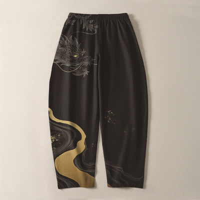 Buddha Stones Pure Cotton Golden Dragon Cloud Wave Pattern Drawstring Men's Tapered Pants With Pockets - image 14