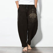 Foviel Pure Cotton Lotus Mandala Geometry Pattern Drawstring Men's Tapered Pants With Pockets