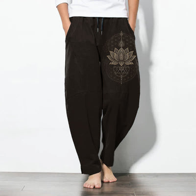 Buddha Stones Pure Cotton Lotus Mandala Geometry Pattern Drawstring Men's Tapered Pants With Pockets - Black - US/UK/AU50，EU60 (5XL) - image 0