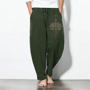 Foviel Pure Cotton Lotus Mandala Geometry Pattern Drawstring Men's Tapered Pants With Pockets