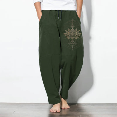 Buddha Stones Pure Cotton Lotus Mandala Geometry Pattern Drawstring Men's Tapered Pants With Pockets - DarkOliveGreen - US/UK/AU50，EU60 (5XL) - image 7