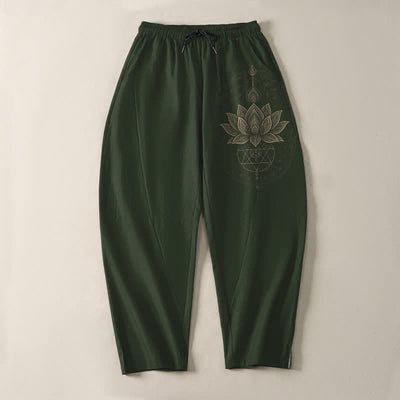 Buddha Stones Pure Cotton Lotus Mandala Geometry Pattern Drawstring Men's Tapered Pants With Pockets - image 9