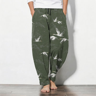 Buddha Stones Pure Cotton White Crane Pine Pattern Drawstring Men's Tapered Pants With Pockets - DarkOliveGreen - US/UK/AU50，EU60 (5XL) - image 7