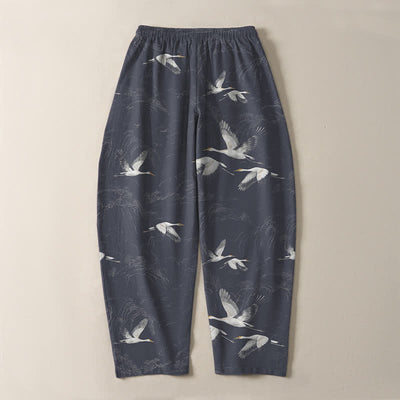 Buddha Stones Pure Cotton White Crane Pine Pattern Drawstring Men's Tapered Pants With Pockets - image 14