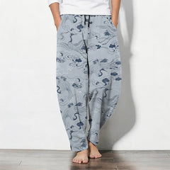 Buddha Stones Pure Cotton Crane Cloud Pattern Drawstring Men's Tapered Pants With Pockets - LightSteelBlue - US/UK/AU50，EU60 (5XL) - image 0
