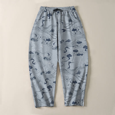 Buddha Stones Pure Cotton Crane Cloud Pattern Drawstring Men's Tapered Pants With Pockets - image 2