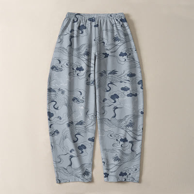 Buddha Stones Pure Cotton Crane Cloud Pattern Drawstring Men's Tapered Pants With Pockets - image 3