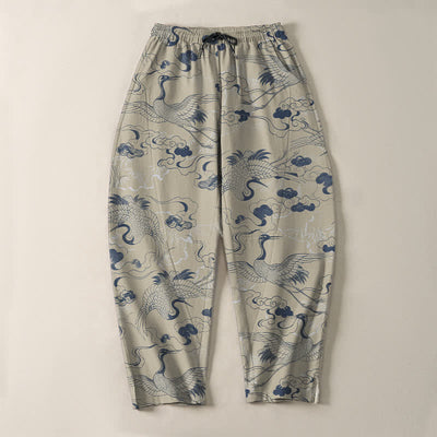 Buddha Stones Pure Cotton Crane Cloud Pattern Drawstring Men's Tapered Pants With Pockets - image 9