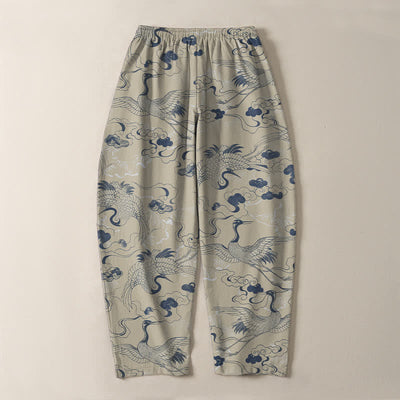 Buddha Stones Pure Cotton Crane Cloud Pattern Drawstring Men's Tapered Pants With Pockets - image 10