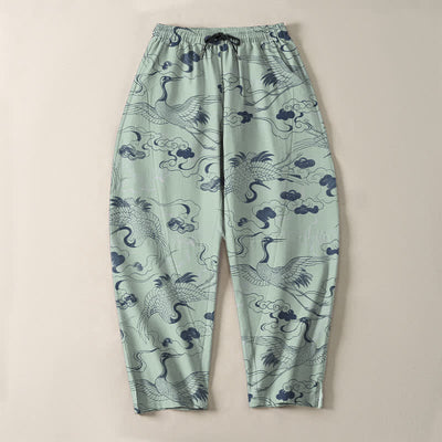 Buddha Stones Pure Cotton Crane Cloud Pattern Drawstring Men's Tapered Pants With Pockets - image 13
