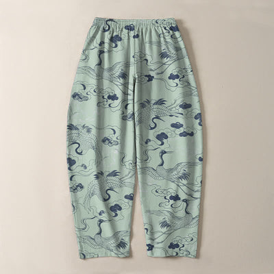 Buddha Stones Pure Cotton Crane Cloud Pattern Drawstring Men's Tapered Pants With Pockets - image 14