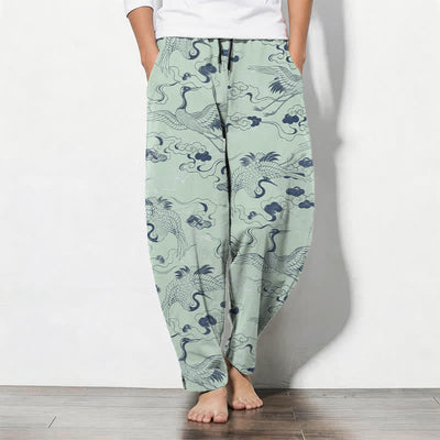 Buddha Stones Pure Cotton Crane Cloud Pattern Drawstring Men's Tapered Pants With Pockets - PaleGreen - US/UK/AU50，EU60 (5XL) - image 11