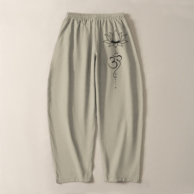 Buddha Stones Pure Cotton Lotus Om Pattern Drawstring Men's Tapered Pants With Pockets - image 3