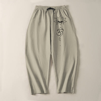Buddha Stones Pure Cotton Lotus Om Pattern Drawstring Men's Tapered Pants With Pockets - image 2