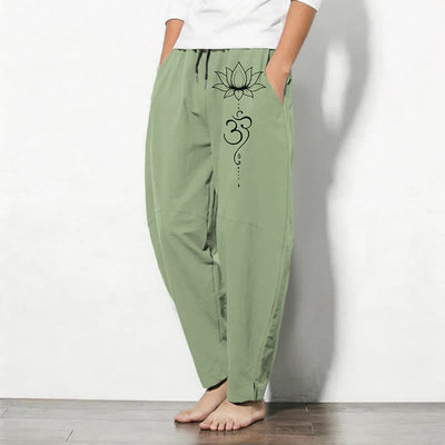 Buddha Stones Pure Cotton Lotus Om Pattern Drawstring Men's Tapered Pants With Pockets - image 8