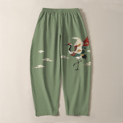 Buddha Stones Pure Cotton Multicolor Crane Cloud Pattern Drawstring Men's Tapered Pants With Pockets - image 10