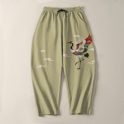 Buddha Stones Pure Cotton Multicolor Crane Cloud Pattern Drawstring Men's Tapered Pants With Pockets - image 13