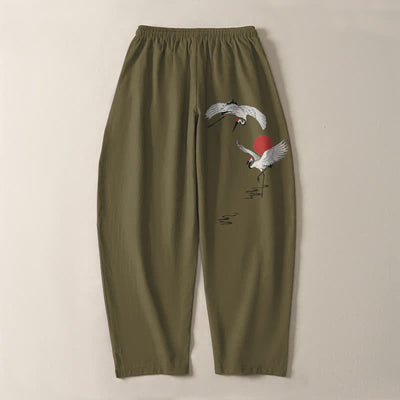 Buddha Stones Pure Cotton Crane Red Sun Pattern Drawstring Men's Tapered Pants With Pockets - image 10