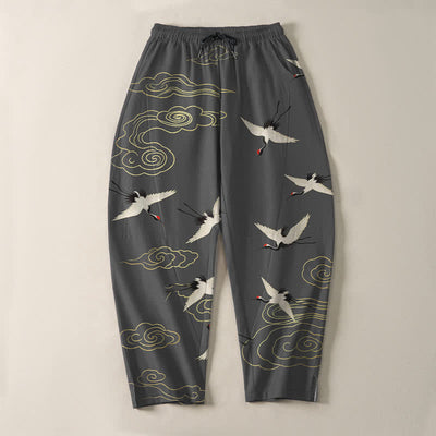 Buddha Stones Pure Cotton White Red-crowned Crane Clouds Pattern Drawstring Men's Tapered Pants With Pockets - image 2