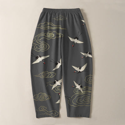 Buddha Stones Pure Cotton White Red-crowned Crane Clouds Pattern Drawstring Men's Tapered Pants With Pockets - image 3