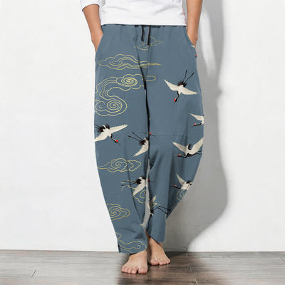 Buddha Stones Pure Cotton White Red-crowned Crane Clouds Pattern Drawstring Men's Tapered Pants With Pockets - LightSteelBlue - US/UK/AU50，EU60 (5XL) - image 7