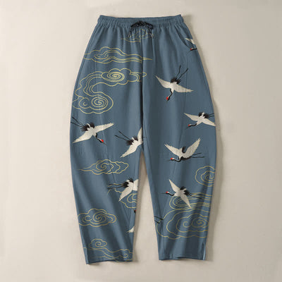 Buddha Stones Pure Cotton White Red-crowned Crane Clouds Pattern Drawstring Men's Tapered Pants With Pockets - image 9