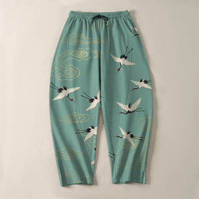 Buddha Stones Pure Cotton White Red-crowned Crane Clouds Pattern Drawstring Men's Tapered Pants With Pockets - image 13