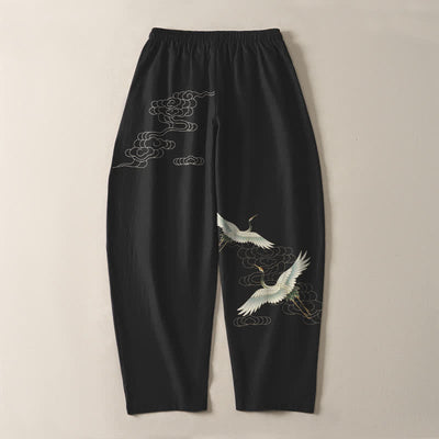 Buddha Stones Pure Cotton White Crane Clouds Pattern Drawstring Men's Tapered Pants With Pockets - image 3