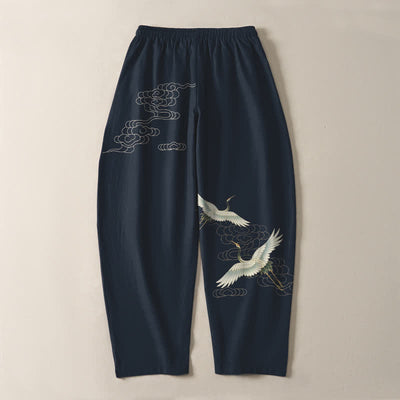 Buddha Stones Pure Cotton White Crane Clouds Pattern Drawstring Men's Tapered Pants With Pockets - image 10