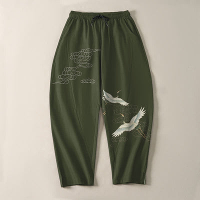 Buddha Stones Pure Cotton White Crane Clouds Pattern Drawstring Men's Tapered Pants With Pockets - image 13