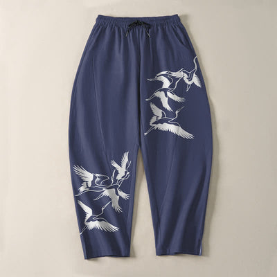 Buddha Stones Pure Cotton Flying Crane Pattern Drawstring Men's Tapered Pants With Pockets - image 2