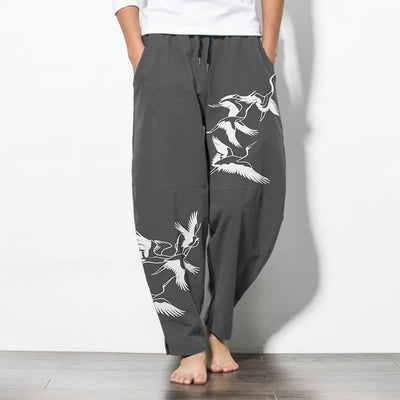 Buddha Stones Pure Cotton Flying Crane Pattern Drawstring Men's Tapered Pants With Pockets - DimGray - US/UK/AU50，EU60 (5XL) - image 7