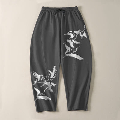 Buddha Stones Pure Cotton Flying Crane Pattern Drawstring Men's Tapered Pants With Pockets - image 9