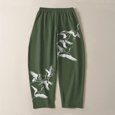 Buddha Stones Pure Cotton Flying Crane Pattern Drawstring Men's Tapered Pants With Pockets - image 14