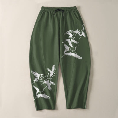 Buddha Stones Pure Cotton Flying Crane Pattern Drawstring Men's Tapered Pants With Pockets - image 13