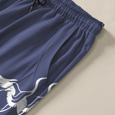 Buddha Stones Pure Cotton Flying Crane Pattern Drawstring Men's Tapered Pants With Pockets - image 4