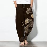 Foviel Pure Cotton Golden Dragon Cloud Pattern Drawstring Men's Tapered Pants With Pockets