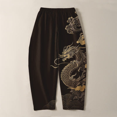 Buddha Stones Pure Cotton Golden Dragon Cloud Pattern Drawstring Men's Tapered Pants With Pockets - image 2
