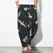 Foviel Pure Cotton Black White Crane Pattern Drawstring Men's Tapered Pants With Pockets