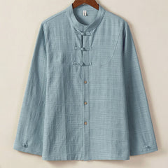 Buddha Stones Fall Winter Tang Style Vintage Mandarin Collar Frog Button Solid Men's Long Sleeve Shirts - LightSteelBlue - US/UK/AU46，EU56 (5XL) - image 0