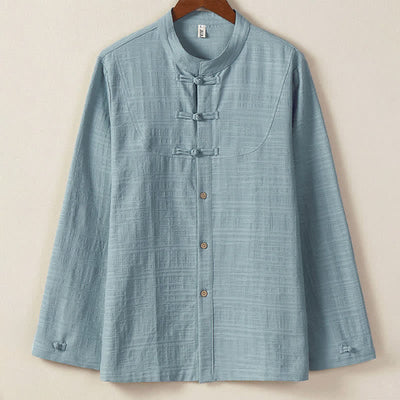 Buddha Stones Fall Winter Tang Style Vintage Mandarin Collar Frog Button Solid Men's Long Sleeve Shirts - LightSteelBlue - US/UK/AU46，EU56 (5XL) - image 0